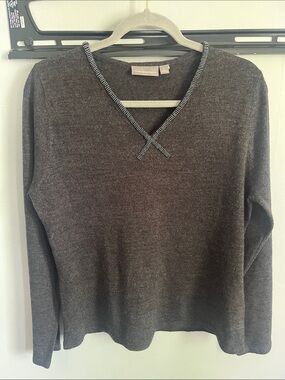 Women's Dark Gray V-Neck Sweater with Contrast Trim